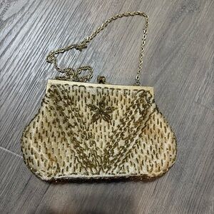 Vtg Gold Beaded Small Cocktail Purse Evening Bag Flapper 20s Satin Lining